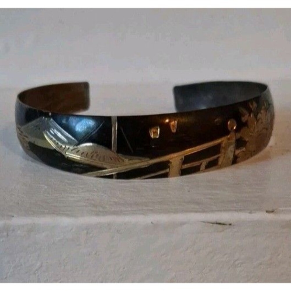 Vintage Niello Enameled Sterling Silver 956 Small Cuff Bracelet